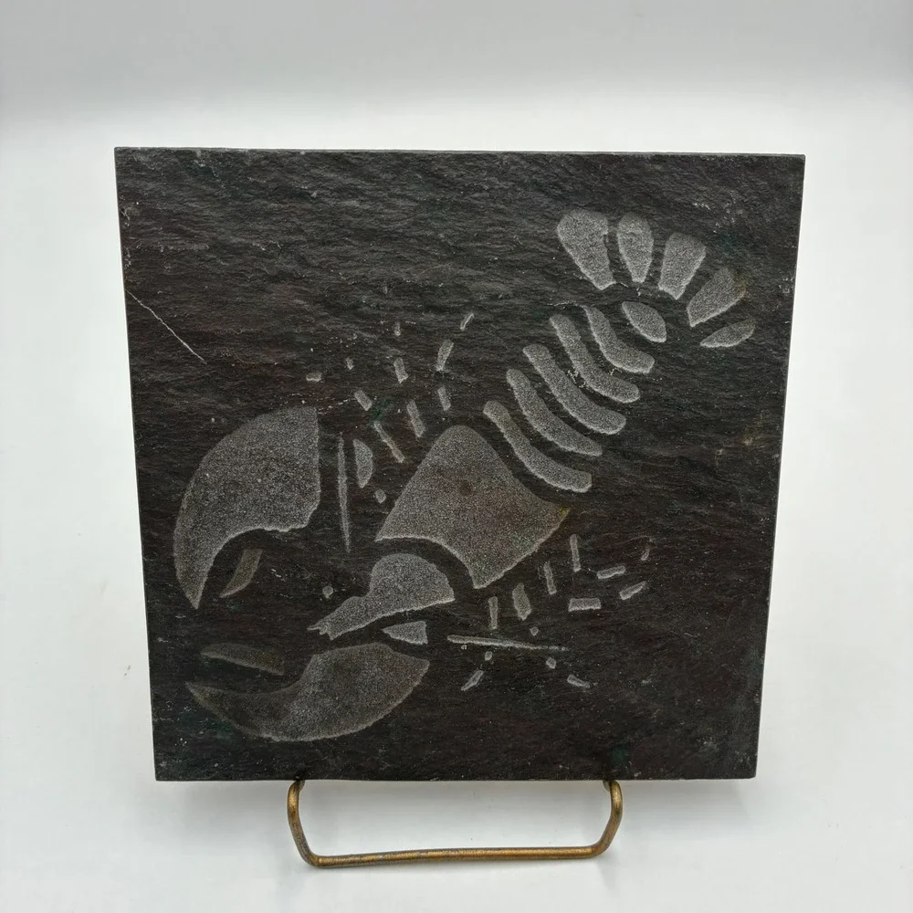 Natural Slate Etched Lobster Coaster Trivet Nautical Coastal Decor 5.5in Square